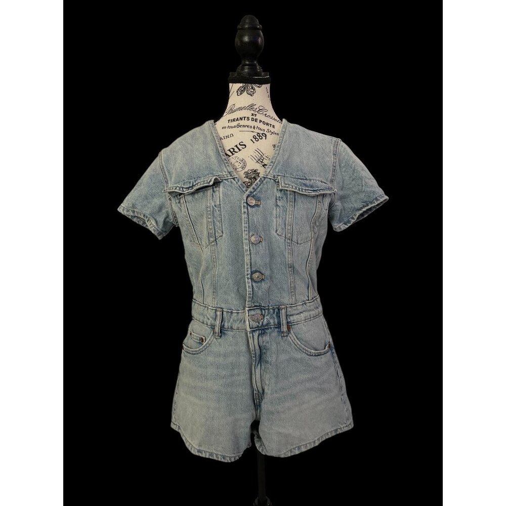 Zara Light Wash Denim Short Sleeve Jumpsuit Romper
